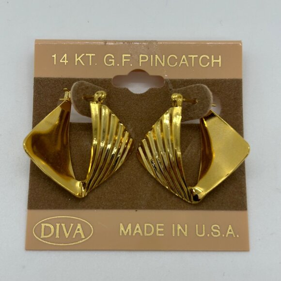 14Kt Gold Filled Pierced Earrings Diva Fan-Shaped Made In USA Elegant - Picture 1 of 14
